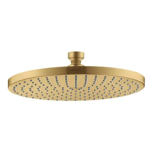 Runde Duschkopfbrause in Brushed Gold Optic mit gleichmäßiger Düsenanordnung von AXOR, montiert an einem zentralen Anschluss für Badezimmerinstallationen.